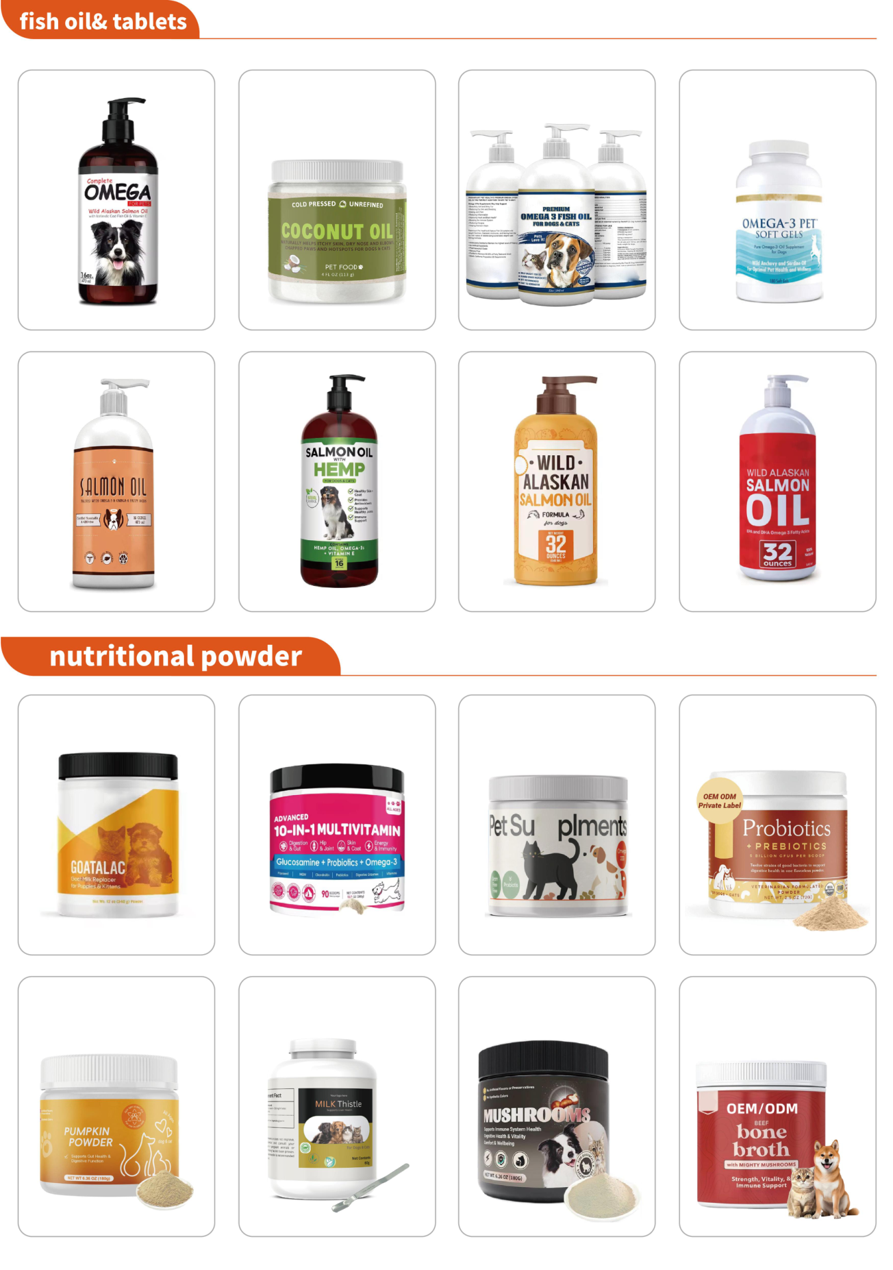 Fish oil and powders product catalog page