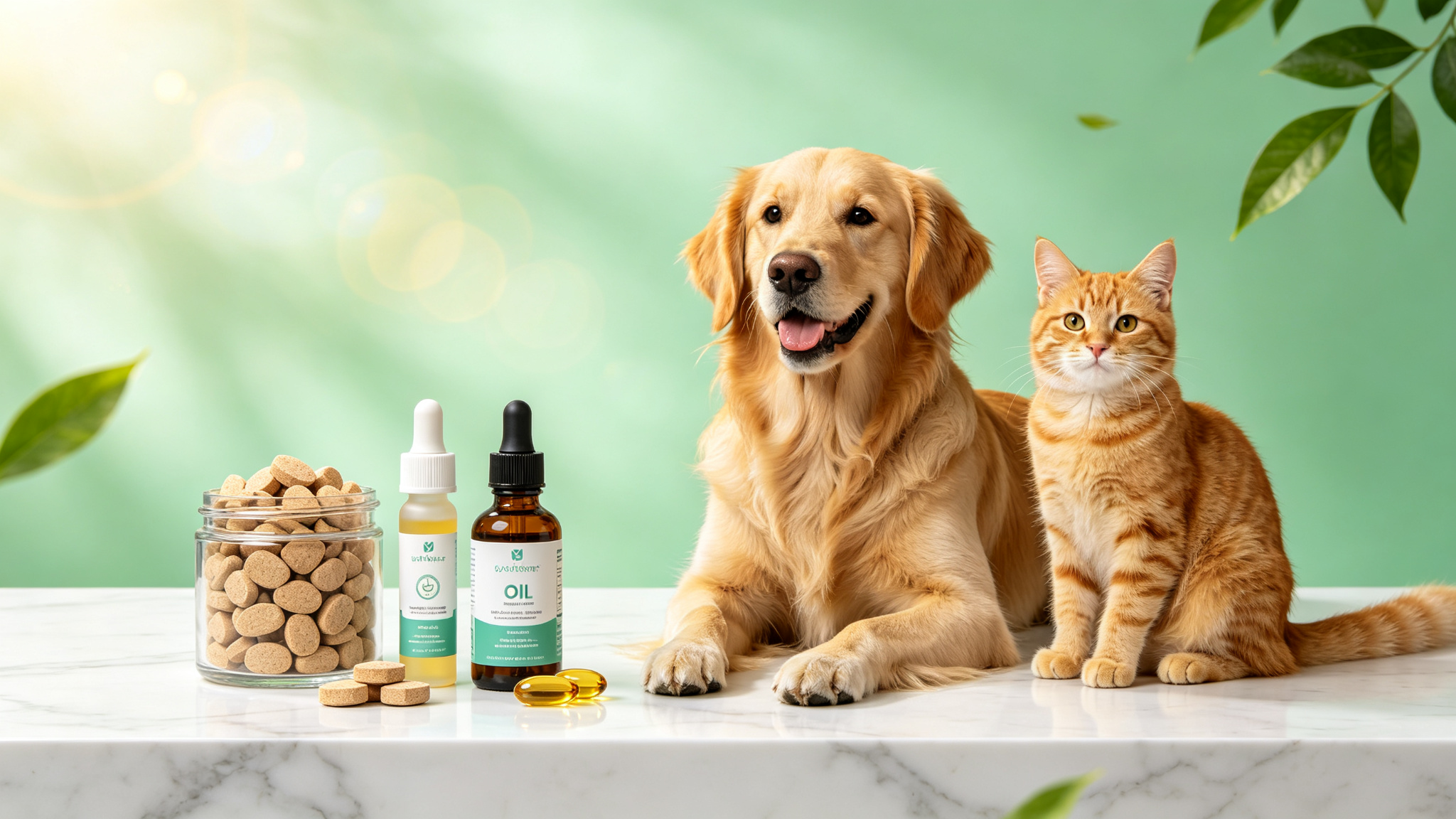 Happy dog and cat with premium pet supplements